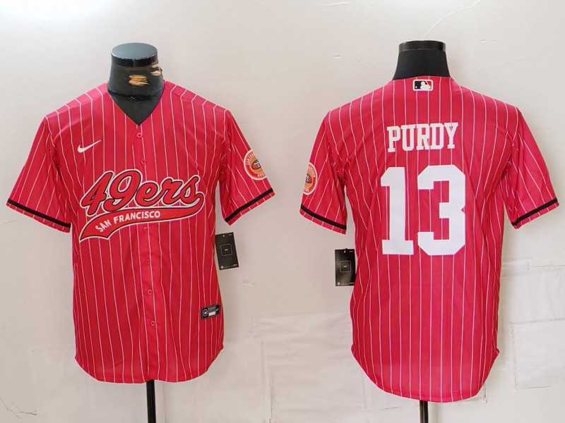 Men%27s San Francisco 49ers #13 Brock Purdy Red Pinstripe With Patch Cool Base Stitched Baseball Jersey->san francisco 49ers->NFL Jersey